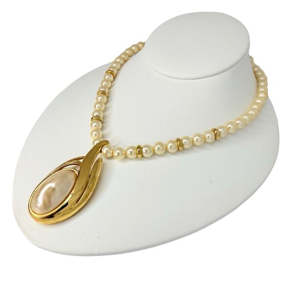 Vintage Napier Faux Pearl Gold Tone Pendant Necklace 24" - Picture 5 of 13